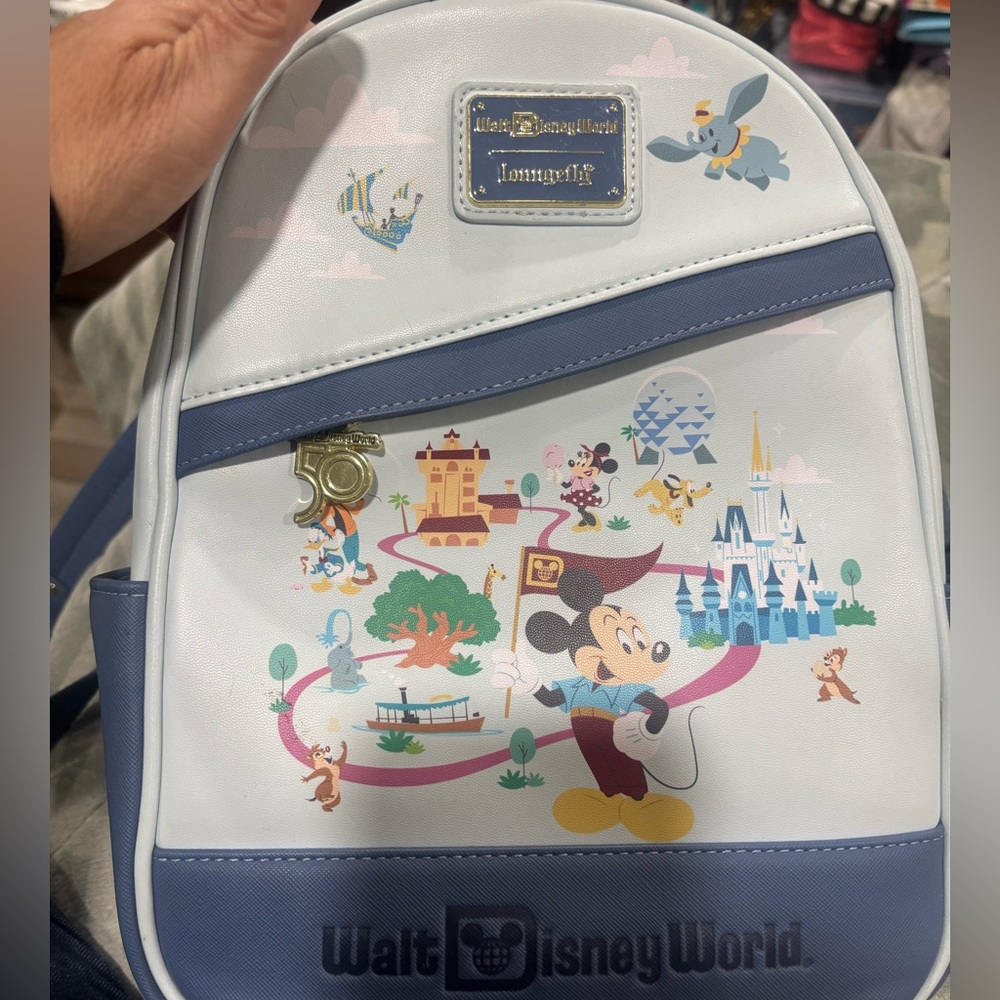 Loungefly White and Blue Backpack with Mickey Mouse and Disney World Design